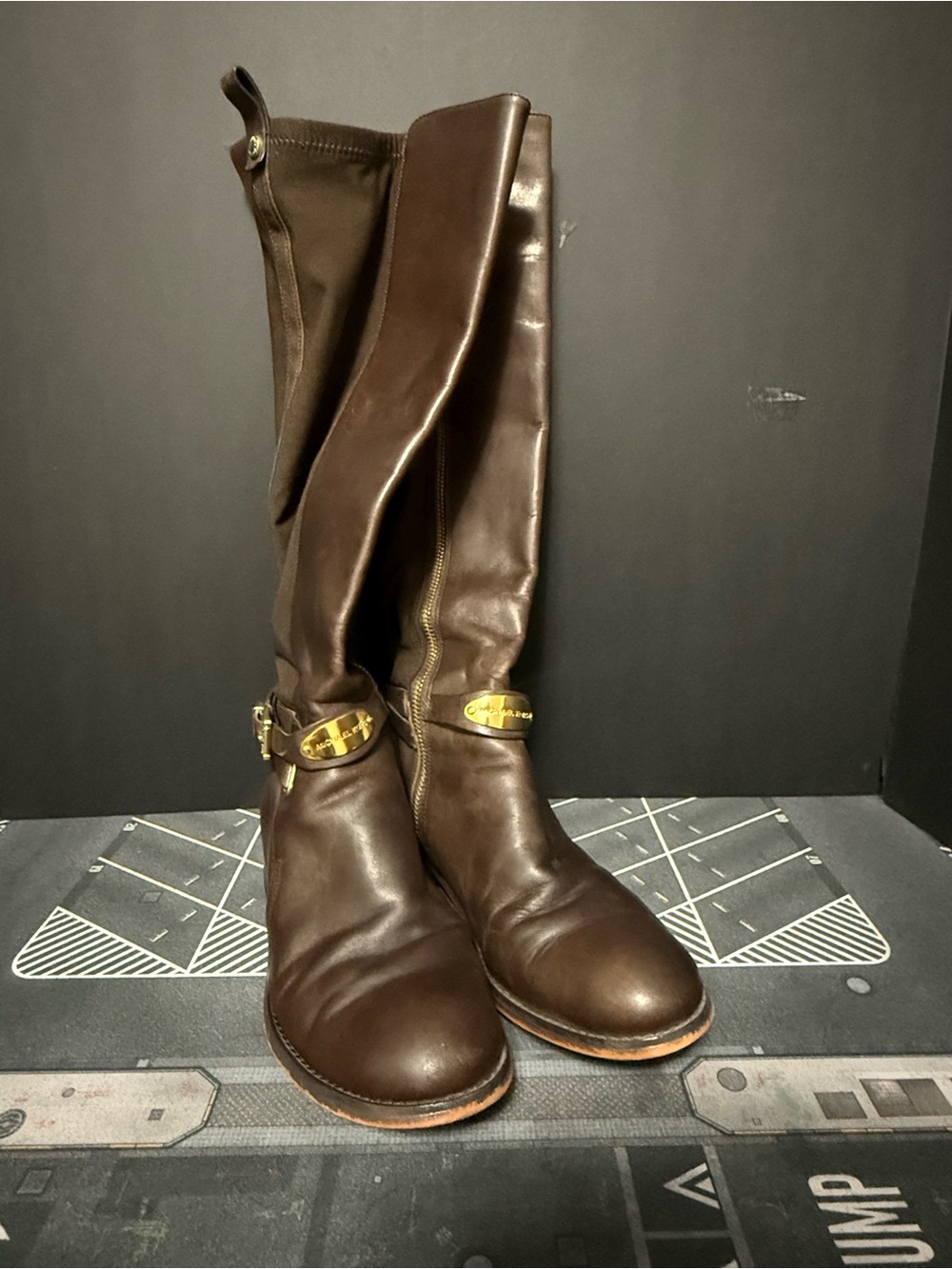 Michael Kors Dark Brown Leather Knee-High Heeled Boots with Gold Accents